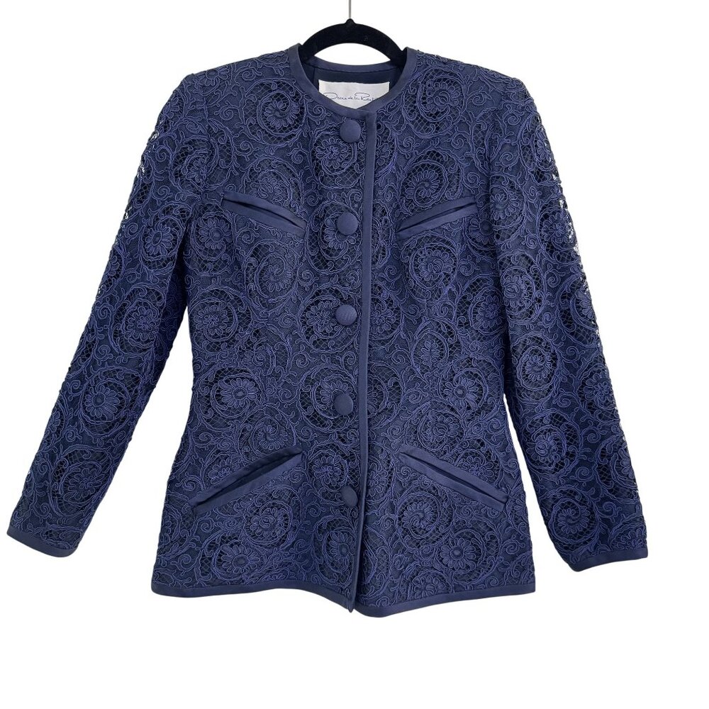 Vintage Oscar de la Renta Couture Lace Evening Jacket Navy Blue Made USA Small